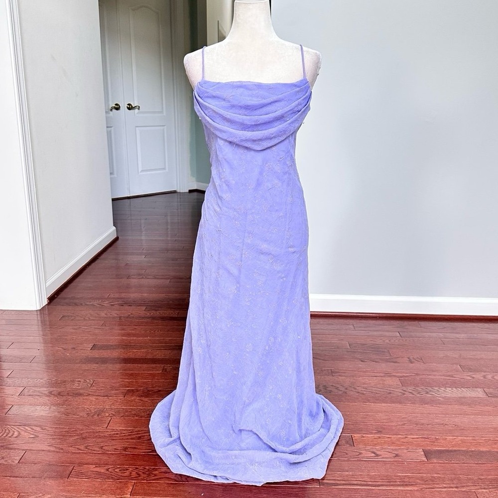 Vintage Onyx Nites Baby Blue Cowl Neck Subtle Floral Maxi Gown Dress Size 12